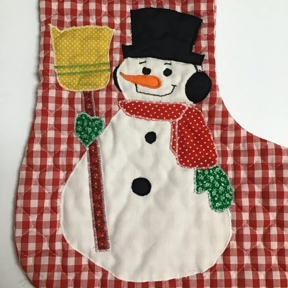 Vintage 80s Snowman Christmas Stocking Quilted Applique Handmade Red Gingham 18”